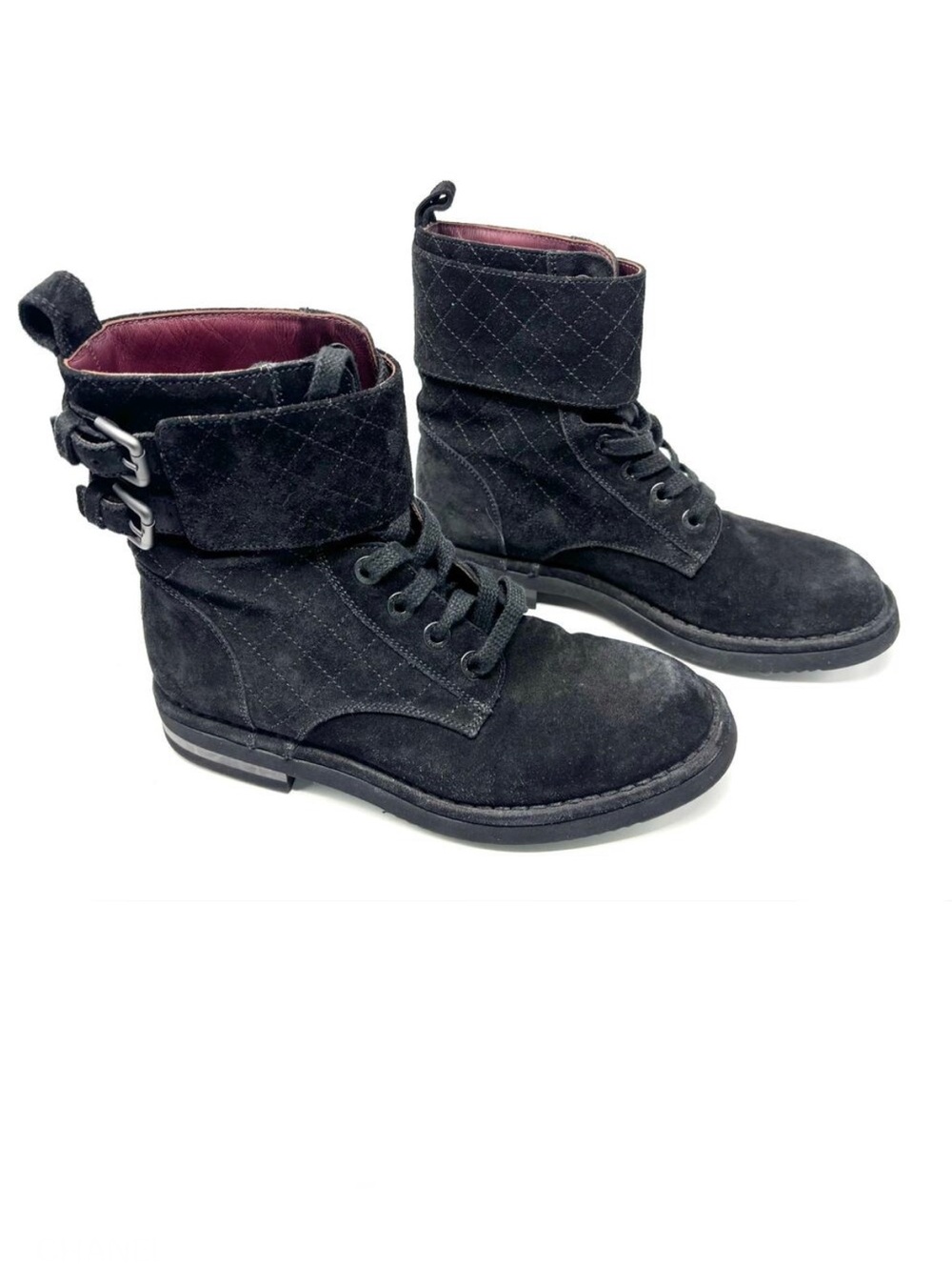 Chanel 2014 Karl Lagerfeld CC Lace Up Suede Combat Boots Diamond Quilted 37.5